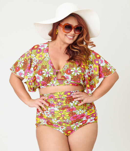 Disney Mickey & Friends Collection by Unique Vintage Plus Size Mickey Floral Flutter Sleeve Swim Top