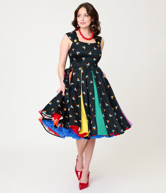 Disney Pride Collection by Unique Vintage Black & Rainbow Mickey Stripe Swing Dress