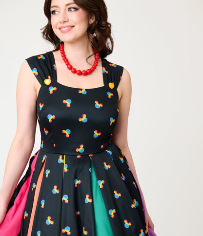 Disney Pride Collection by Unique Vintage Black & Rainbow Mickey Stripe Swing Dress