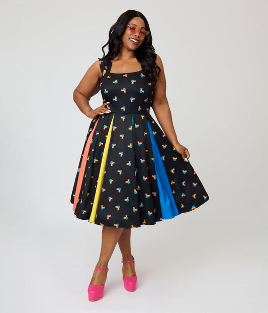 Disney Pride Collection by Unique Vintage Plus Size Black & Rainbow Mickey Stripe Swing Dress