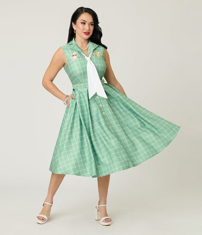 Disney Winnie the Pooh x Unique Vintage Green Plaid Edith Swing Dress