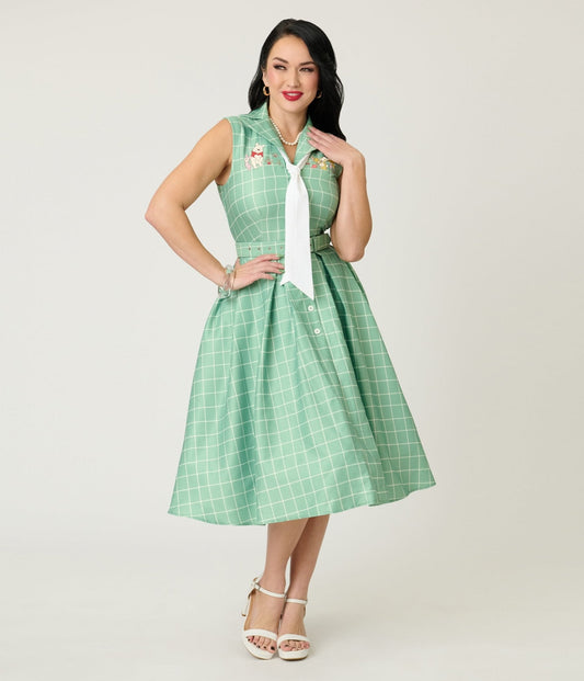 Disney Winnie the Pooh x Unique Vintage Green Plaid Edith Swing Dress