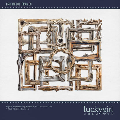 These beautiful realistic driftwood frames by Lucky Girl Creative digital art will help you create memorable digital scrapbooking pages. Great for beach, ocean, seaside vacations, and nautical adventures. This kit is included in the Shore Sophistication Bundle 1.