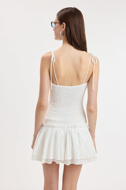 Eyelet Tie Strap Tiered Ruffle Mini Dress