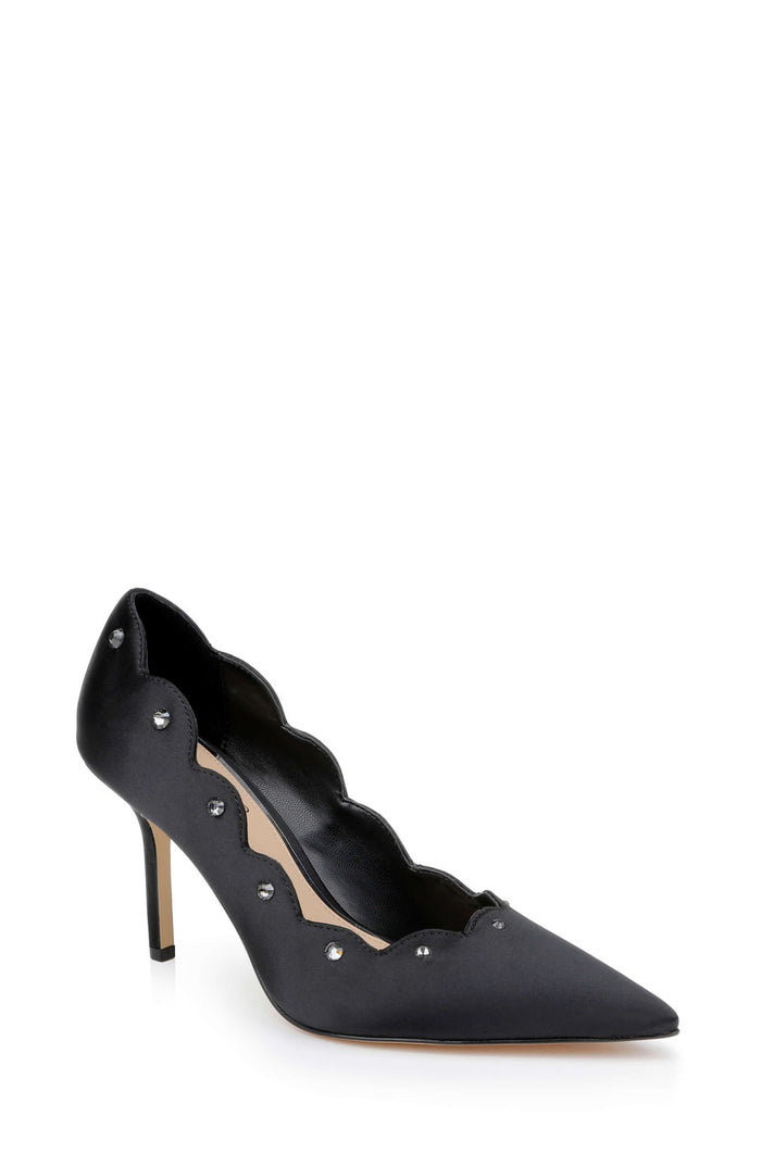 Black | Eleni Satin Pointed Toe Scallop Pumps Front Side