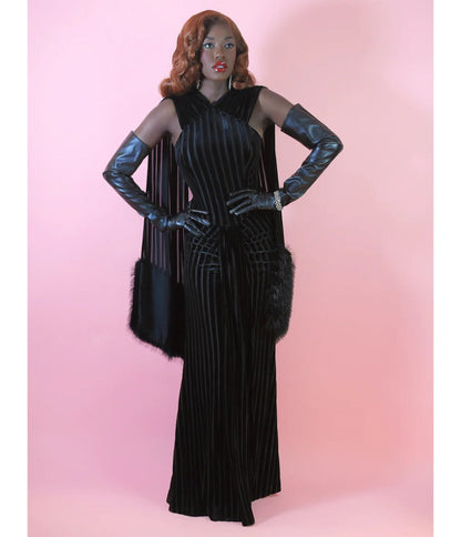 Elle Rebel Black Velvet Burnout Stripe Nocturne Gown