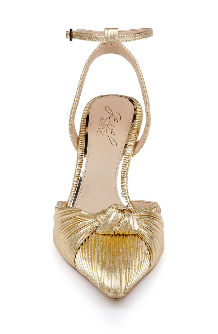 Gold Fabric | Enid Pointed Toe Ankle Strap Pumps Front