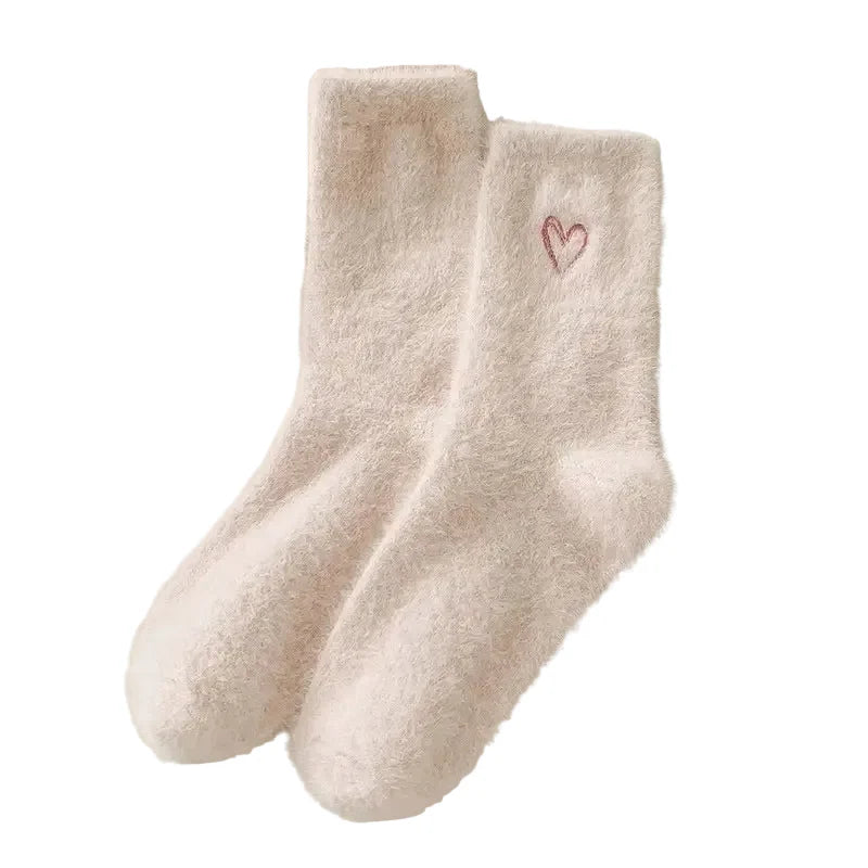 Heart Embroidery Fuzzy Plush Socks
