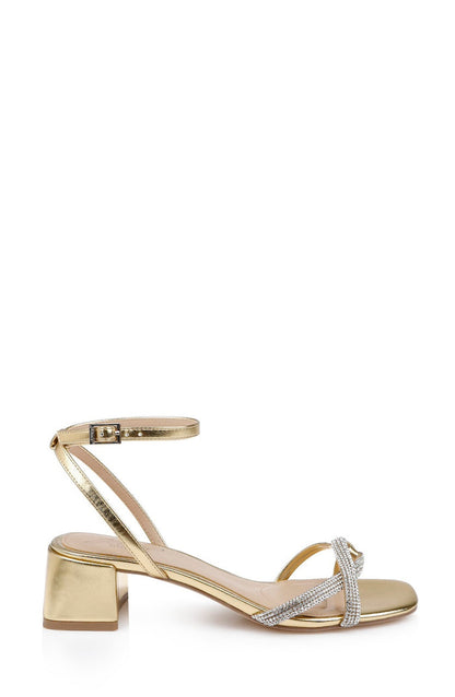 Gold Leather | Fern Low Block Heel Sandals Side