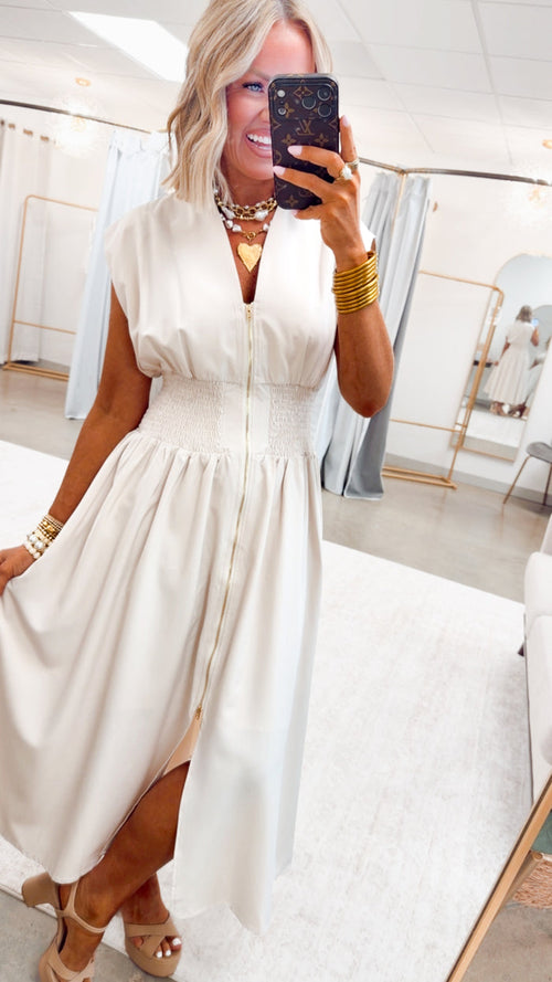 - FINAL SALE-The Aveline Smocked Midi Dress-Champagne