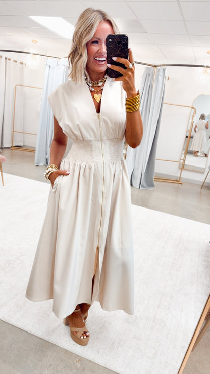 - FINAL SALE-The Aveline Smocked Midi Dress-Champagne