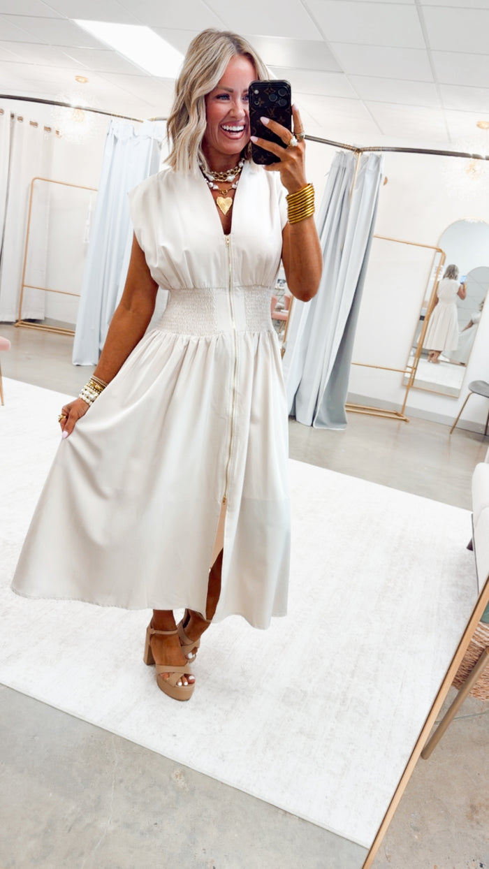 - FINAL SALE-The Aveline Smocked Midi Dress-Champagne