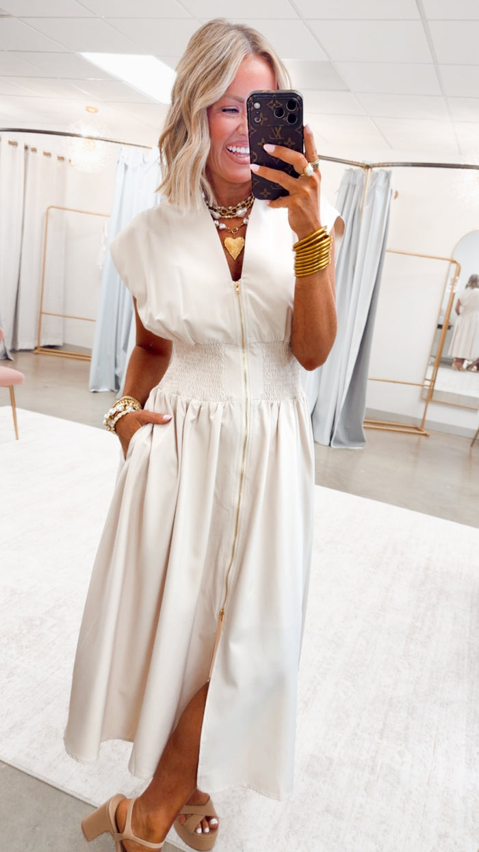 - FINAL SALE-The Aveline Smocked Midi Dress-Champagne