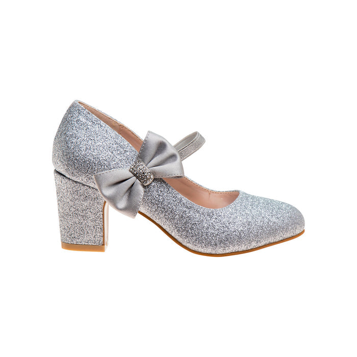 Silver Glitter Girls' Glitter Block Heel Dress Shoes Right