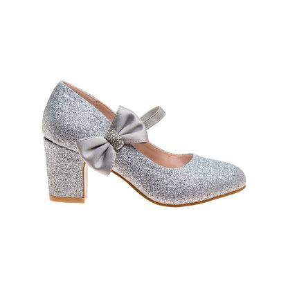 Silver Glitter Girls' Glitter Block Heel Dress Shoes Right