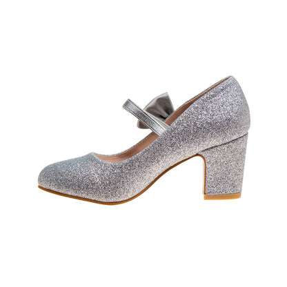 Silver Glitter Girls' Glitter Block Heel Dress Shoes Left