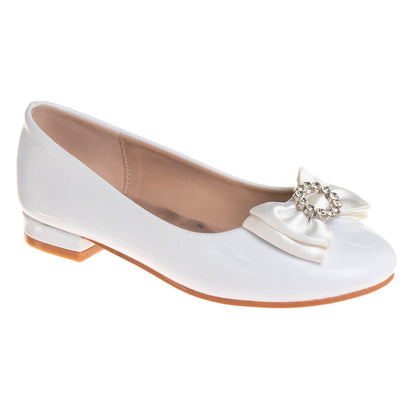White Patent | Girls’ Slip-On Ballet Flats with Bow