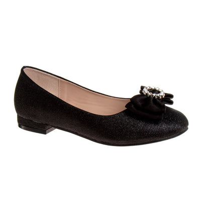 Black Shimmer | Girls’ Slip-On Ballet Flats with Bow