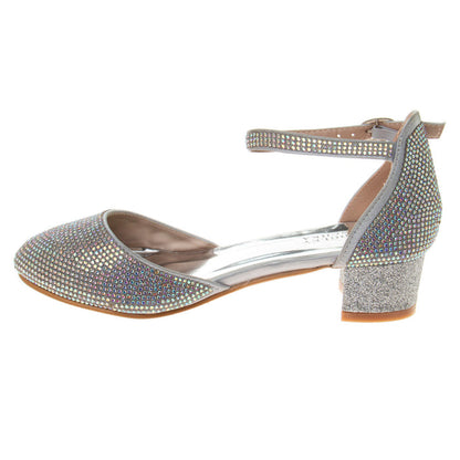 Silver | Girls’ Studded Block Heeled 2-Piece Dress Shoe