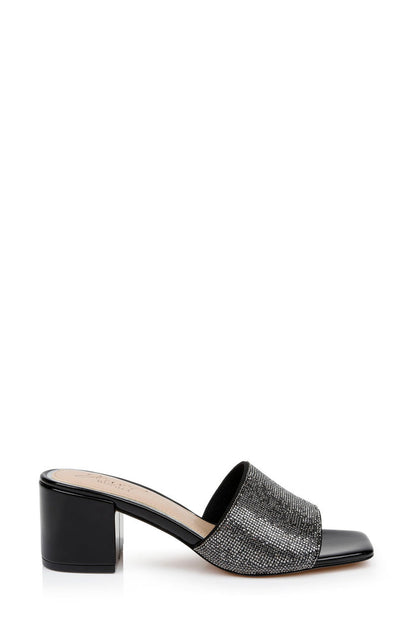 Black | Harlyn Block Heeled Mules with Crystal Vamp