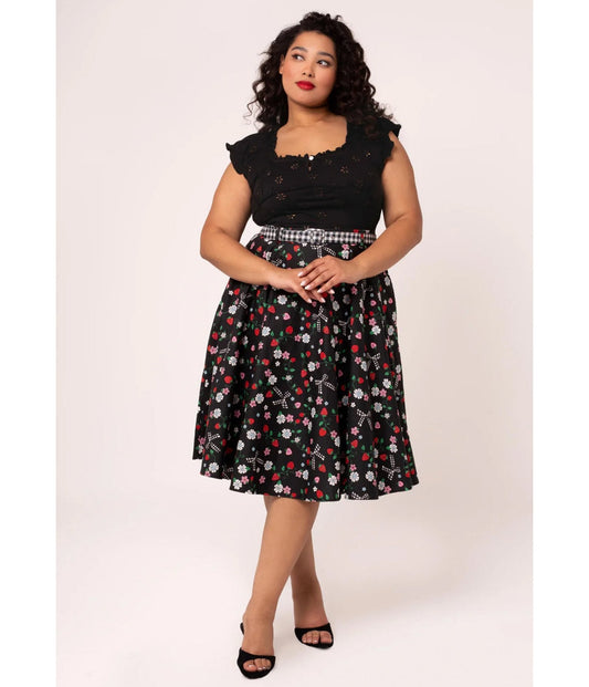 Hell Bunny Plus Size Black Floral Isobel Swing Skirt