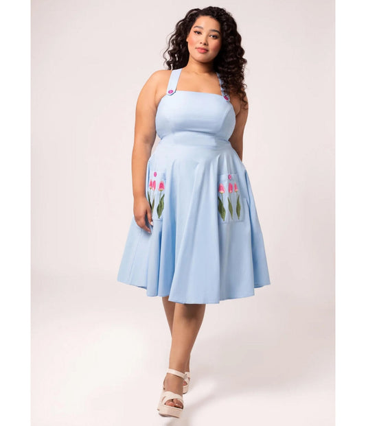 Hell Bunny Plus Size Sky Blue Tulip Embroidered Swing Dress