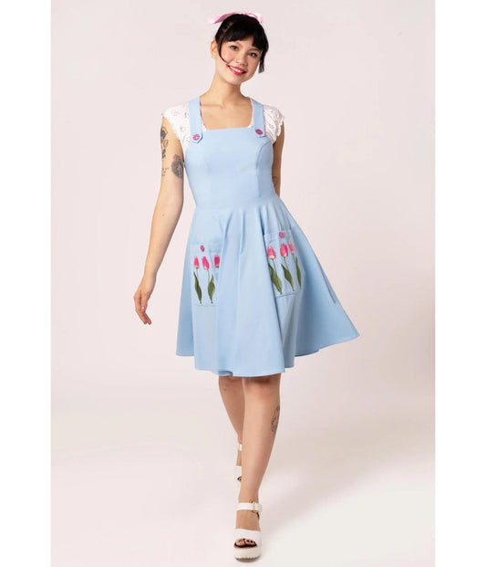 Hell Bunny Sky Blue Tulip Embroidered Swing Dress
