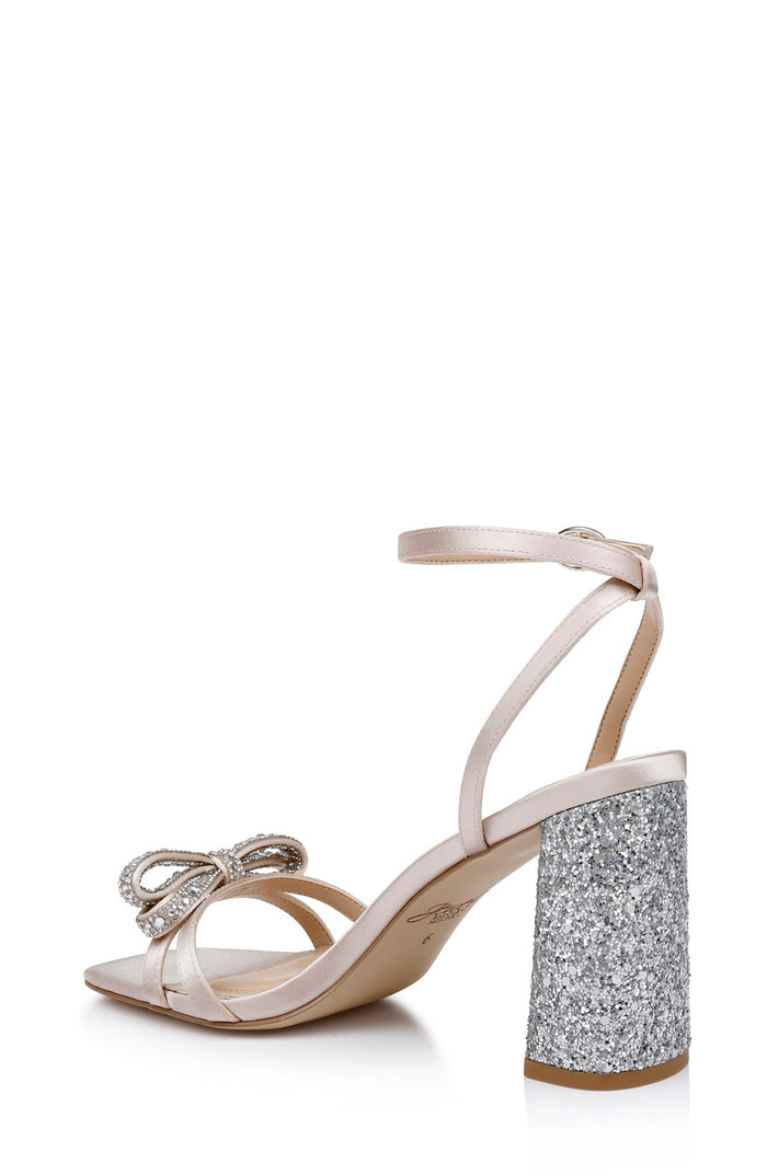 Champagne | Hillary Block Heel Sandal with Rhinestone Bow