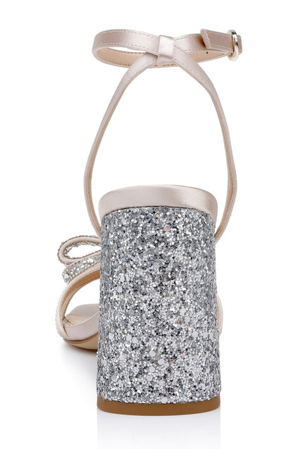 Champagne | Hillary Block Heel Sandal with Rhinestone Bow