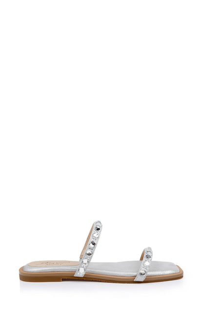 Silver | Honesty Flat Sandals with Gemstone-Studded Straps