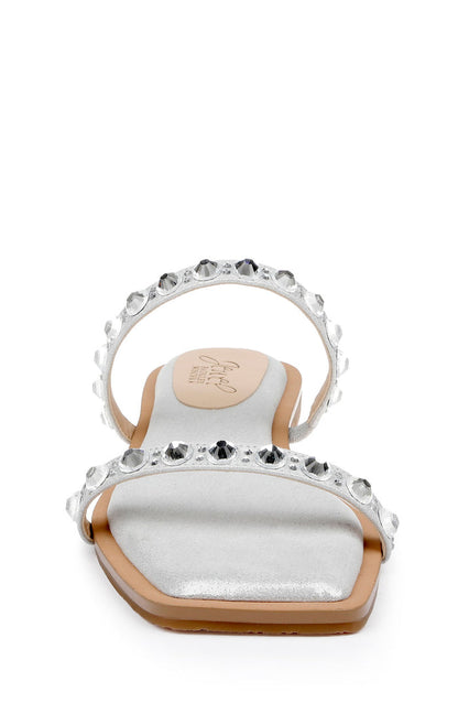 Silver | Honesty Flat Sandals with Gemstone-Studded Straps