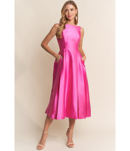 Hot Pink Shimmer Sleeveless Midi Dress