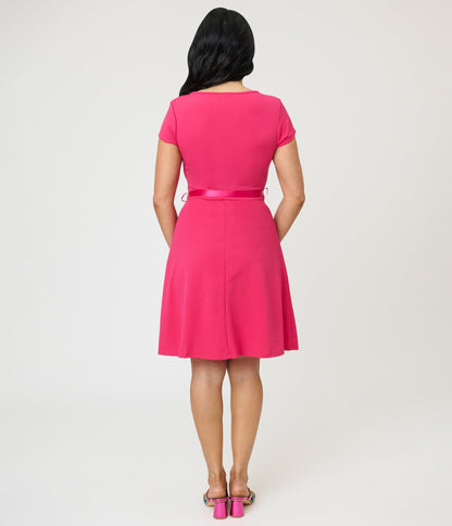 Hot Pink Swing Dress With Belt Trim