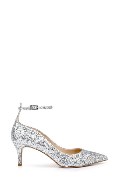 Silver Glitter | Jamila Ankle Strap Kitten Heel