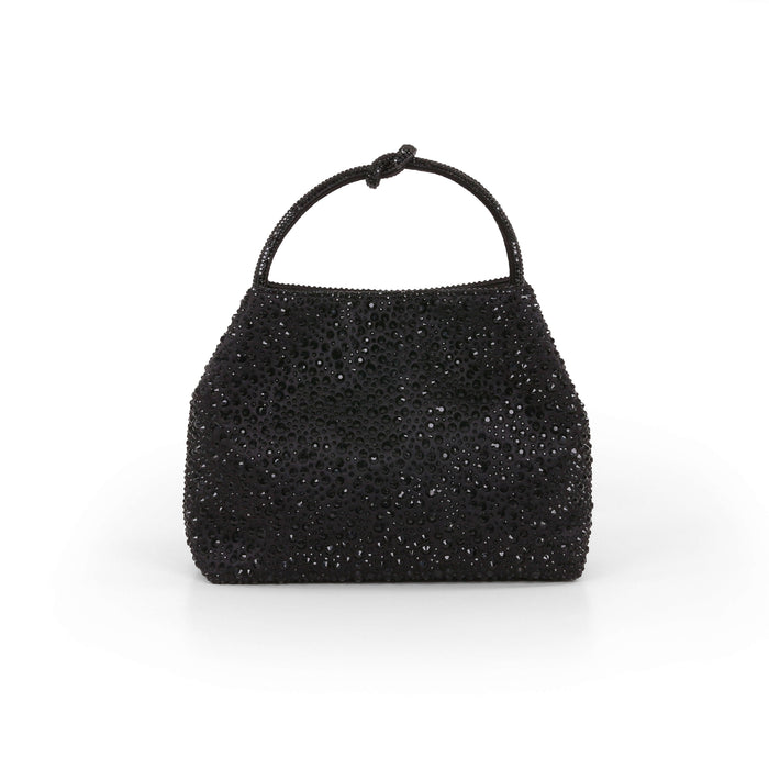 Black beaded handbag on a white background