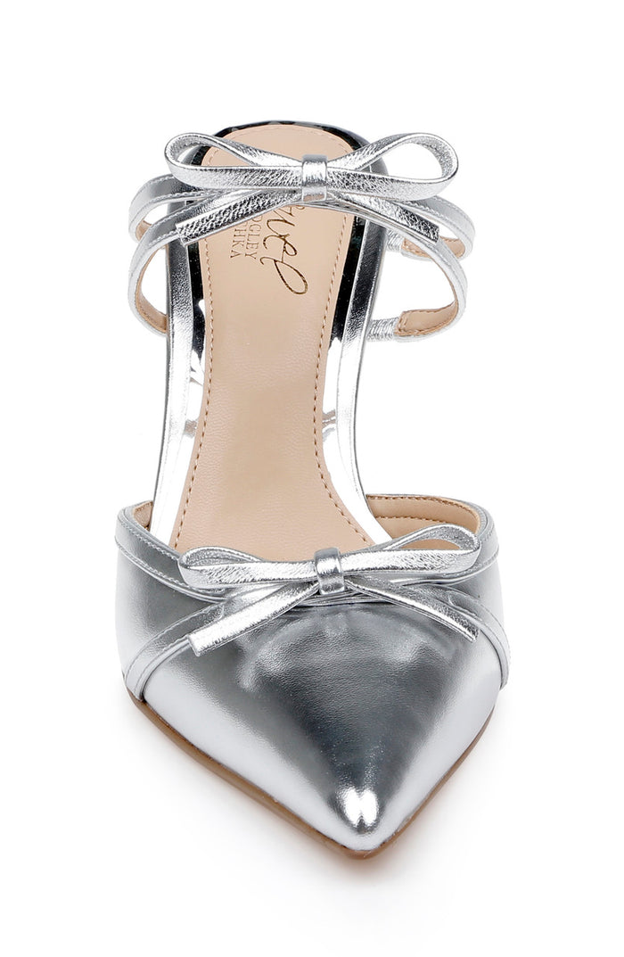 Silver | Klarise II Metallic Pointed Toe Double Bow Mules