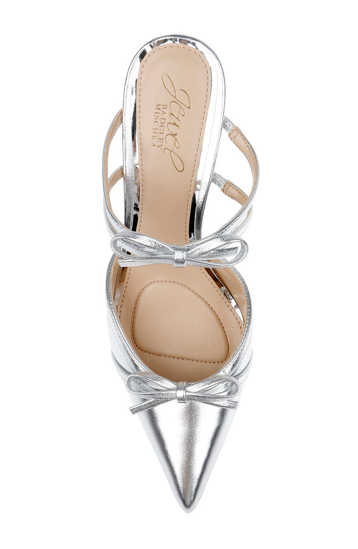 Silver | Klarise II Metallic Pointed Toe Double Bow Mules