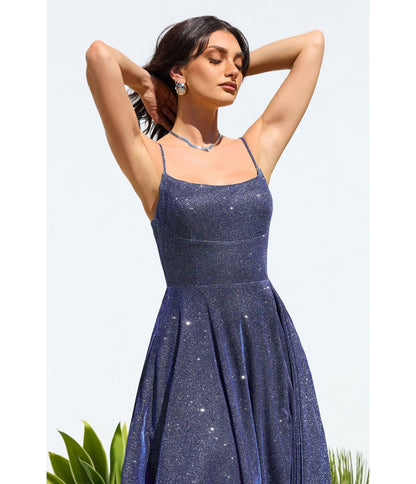 LaDivine by Cinderella Divine Navy Scoop Neck Iridescent Stretch Glitter Prom Gown