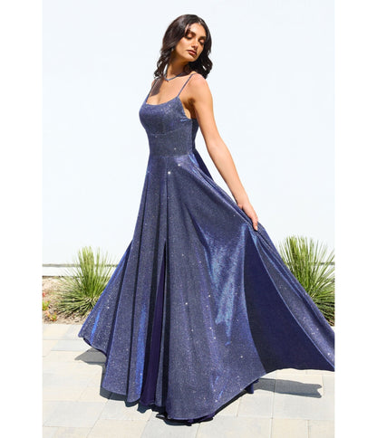 LaDivine by Cinderella Divine Navy Scoop Neck Iridescent Stretch Glitter Prom Gown