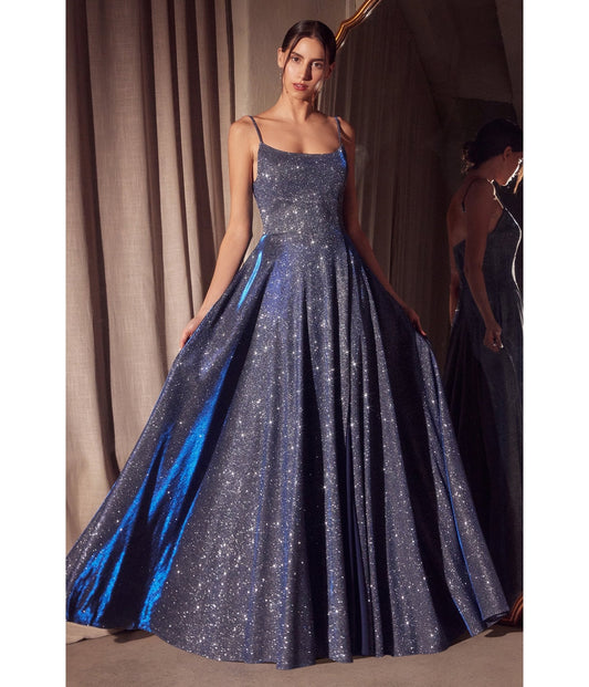 LaDivine by Cinderella Divine Navy Scoop Neck Iridescent Stretch Glitter Prom Gown