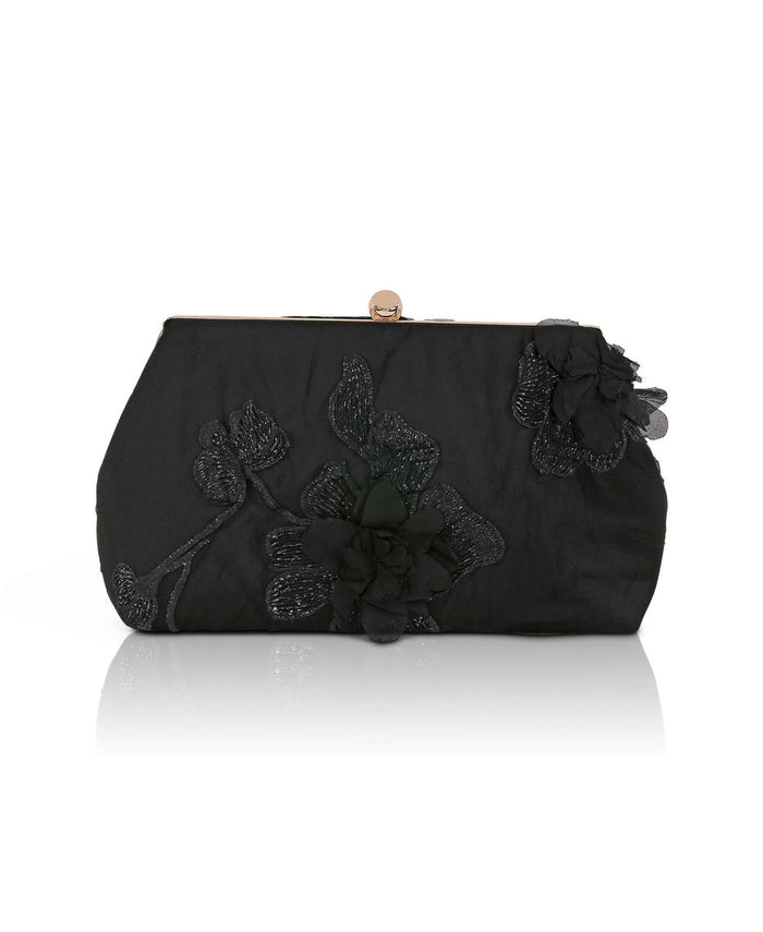 Black | Lila Floral Applique Pouch Clutch Front