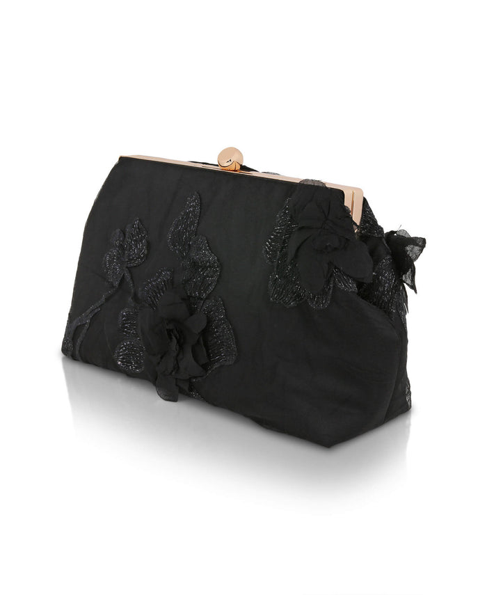 Black | Lila Floral Applique Pouch Clutch Side