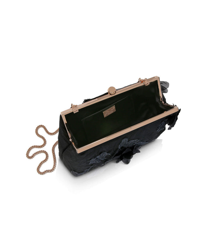 Black | Lila Floral Applique Pouch Clutch Open