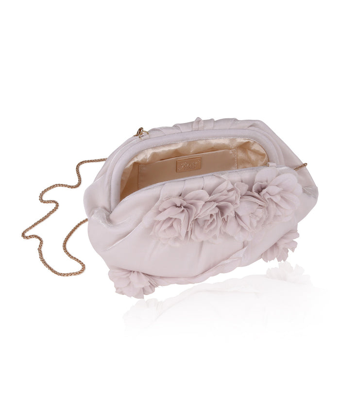Champagne | Lottie Floral Applique Pouch Clutch Open