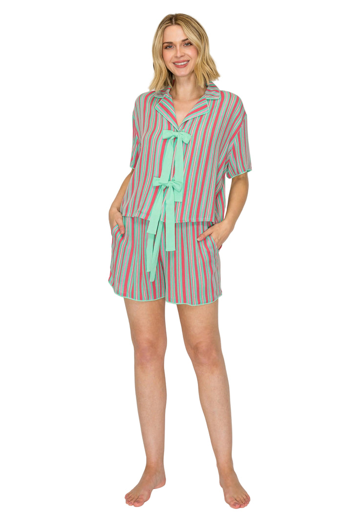 Pink Stripe | Luxe Crinkle Jersey Short Pajama Set Front