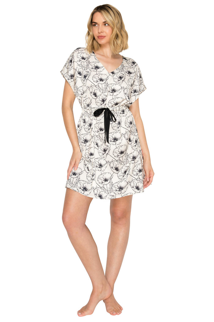 Ivory/Black Floral Print | Luxe Floral Satin Dolman Short Kaftan Front