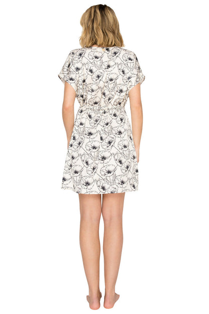Ivory/Black Floral Print | Luxe Floral Satin Dolman Short Kaftan Back
