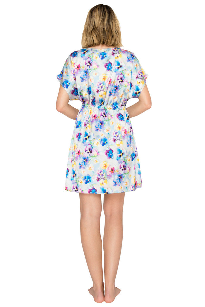 Blue Floral Print | Luxe Floral Satin Dolman Short Kaftan Back
