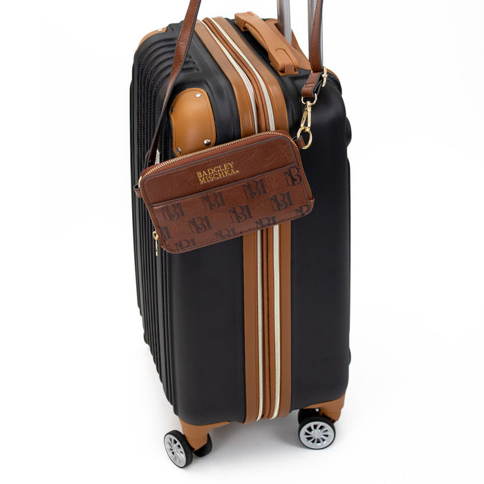 Brown Madalyn Vegan Leather Pouch Belt Bag with luggage