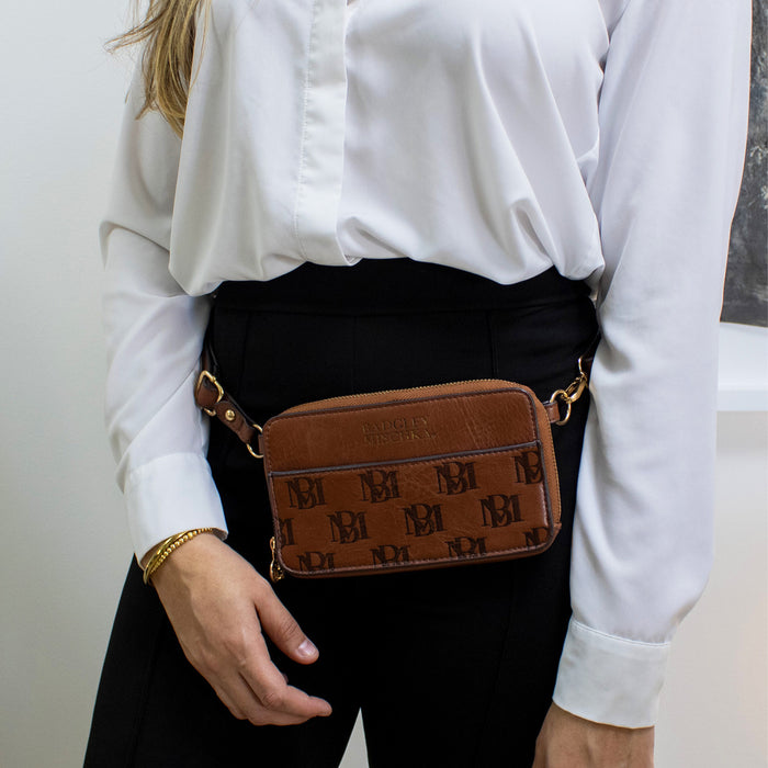 Brown Madalyn Vegan Leather Pouch Belt Bag on body